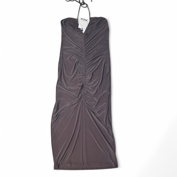 Elegant NWT women’s Zara mink ruched halter cocktail party dress with front slit - Picture 2 of 6